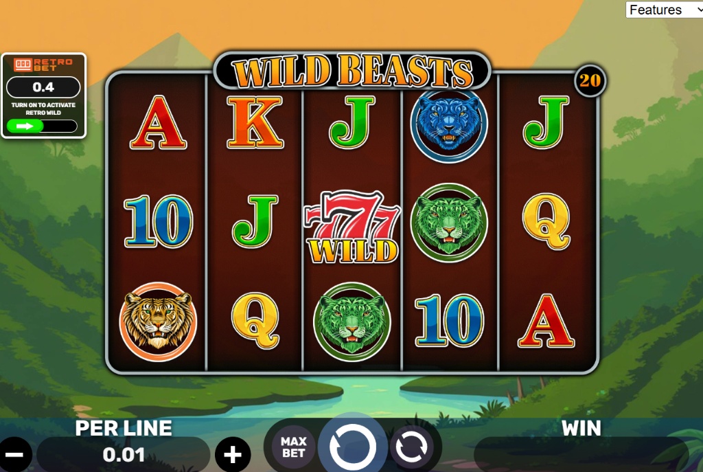 Wild Beasts slot base game interface showing 5x3 reel grid with lion and tiger symbols and jungle background.