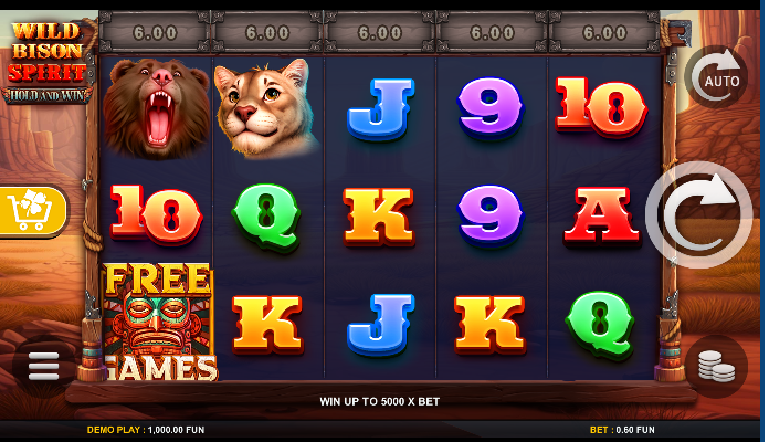 The main 5x3 reel grid of the Wild Bison Spirit slot, showcasing wildlife symbols against a canyon backdrop.