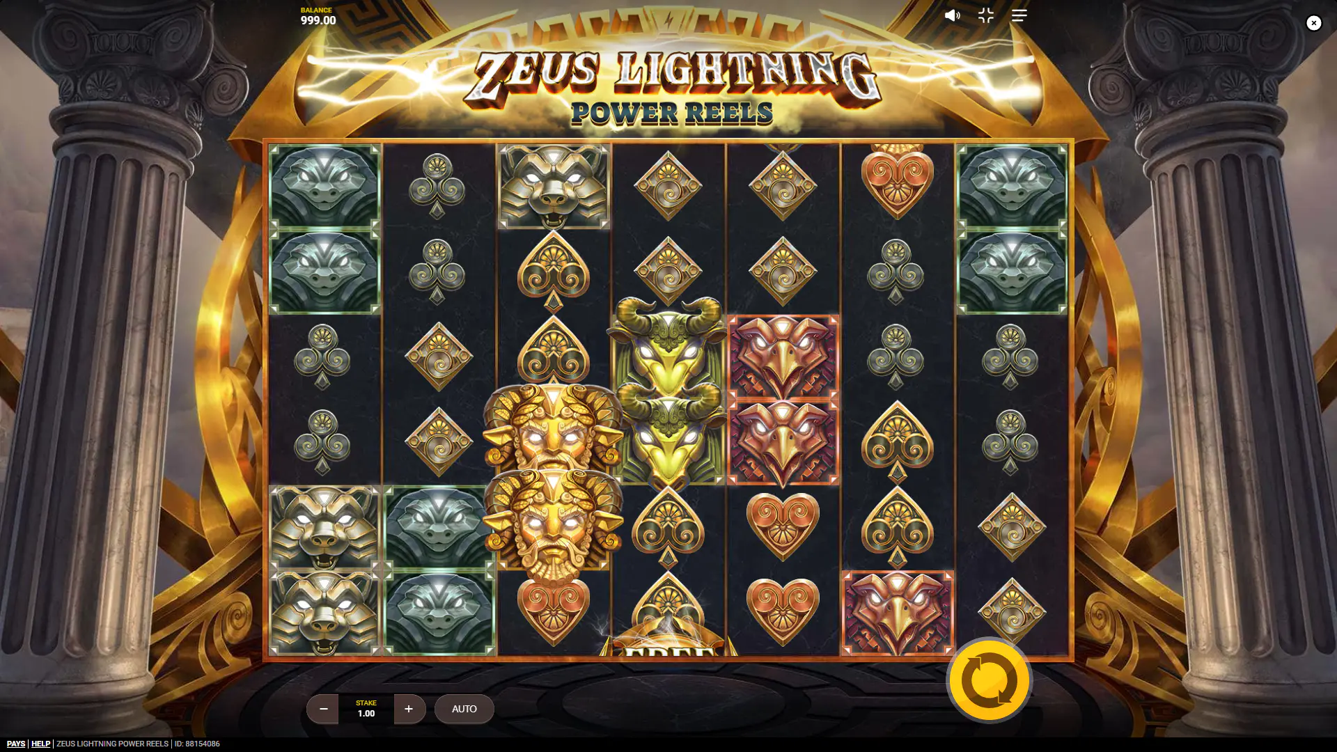 Zeus Lightning Power Reels base screen with the full 7x6 grid and Olympus theme, showing the normal setup before expansion