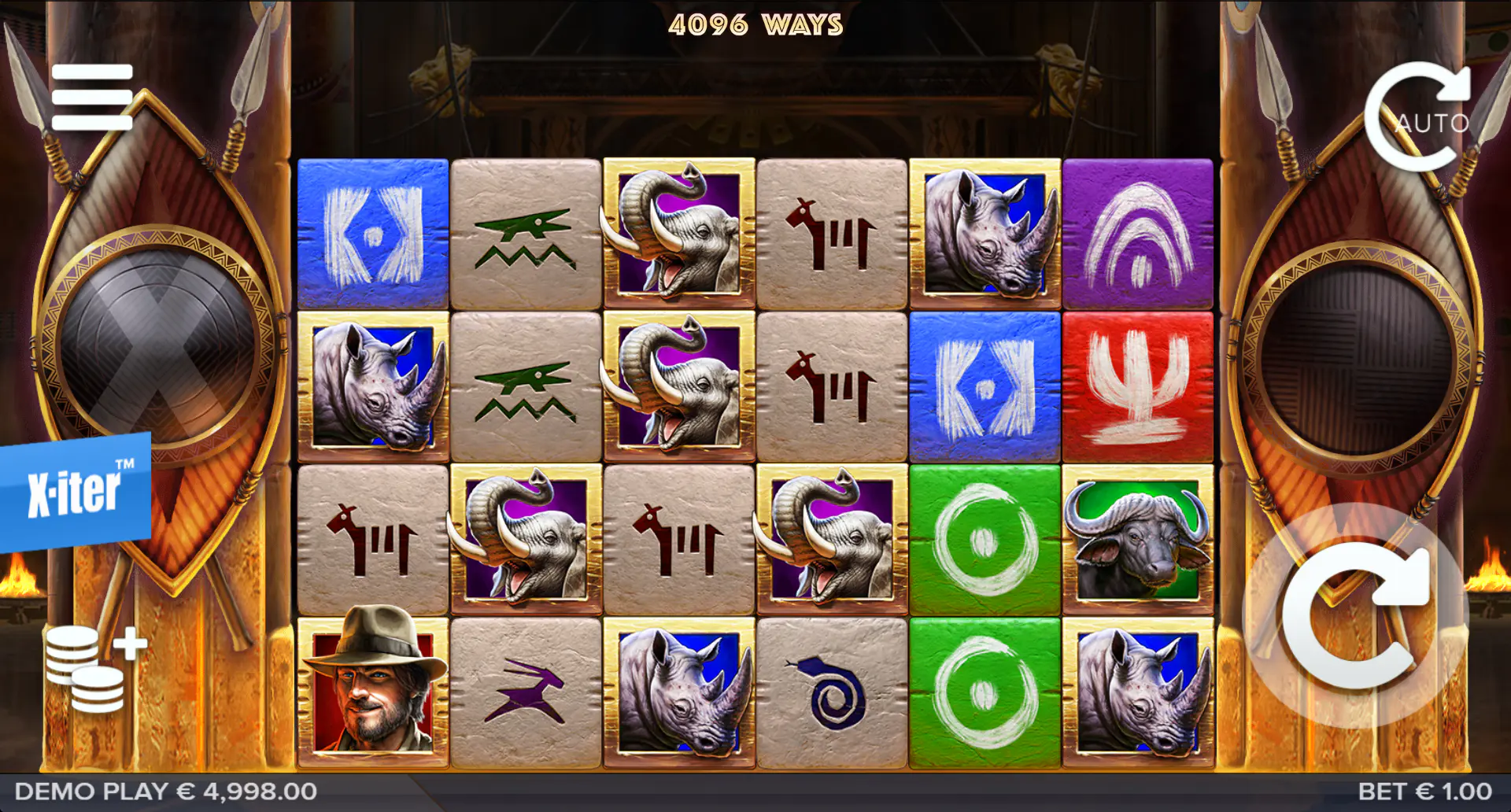 Zulu Gold base screen with the 6x4 grid and Zulu-themed backdrop, showing the slot’s standard playfield before expansion
