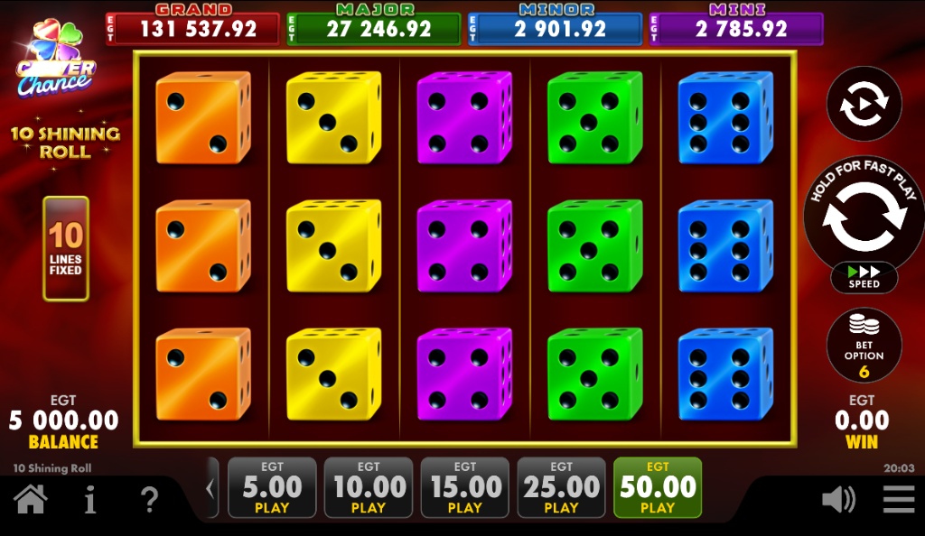 The main 5x3 reel grid of the 10 Shining Roll slot, showing the dice symbols and jackpot displays.