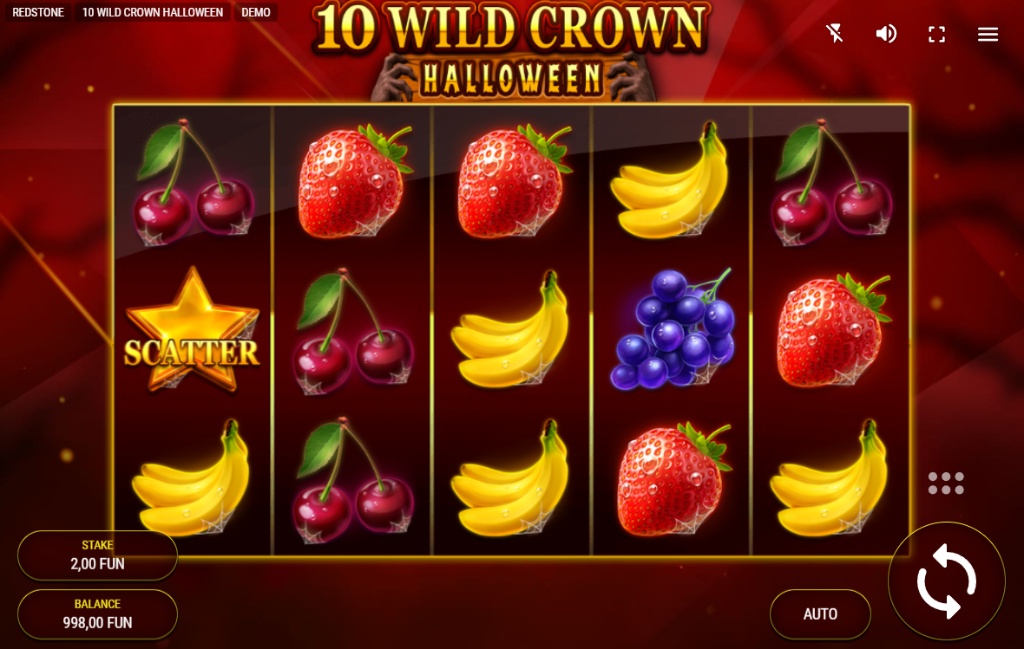 A screenshot of the 10 Wild Crown Halloween slot's main gameplay screen, showing the 5x3 reel layout with fruit, bell, and star scatter symbols.