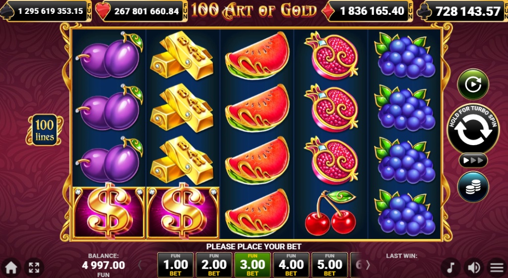 The main 5x4 game grid of the 100 Art of Gold slot, displaying various fruit and gold symbols during a spin.