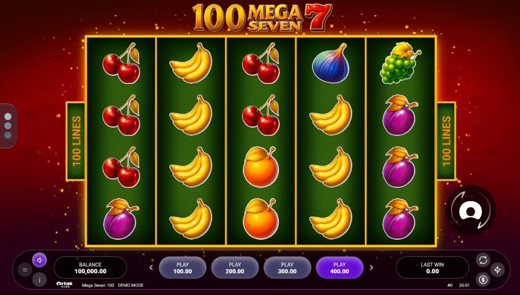 The main 5x4 game grid of the 100 Mega Seven slot, showing various fruit symbols and the 100 paylines indicator.