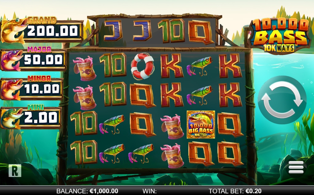 The main game grid of the 10,000 Big Bass 10K Ways slot, displaying the reels and fixed bonus prizes.