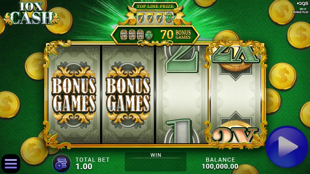 The 3+1 reel layout of the 10X Cash slot, showing the number reels and the dedicated multiplier reel.