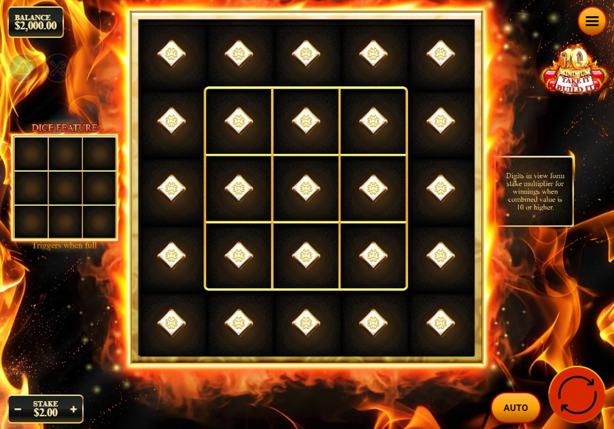 The 4x4 game grid of 10x Minimum Take It or Build It slot, showing the starting layout before numbers are collected.