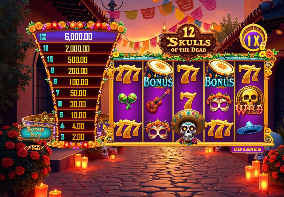 The base game grid of the 12 Skulls of the Dead slot, showcasing the Epic Strike prize ladder and game symbols.