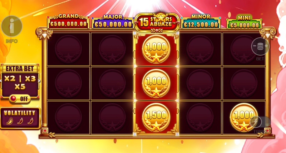 The main game grid of the 15 Stars Ablaze slot, showcasing the Hold & Respin feature trigger on the middle reel.