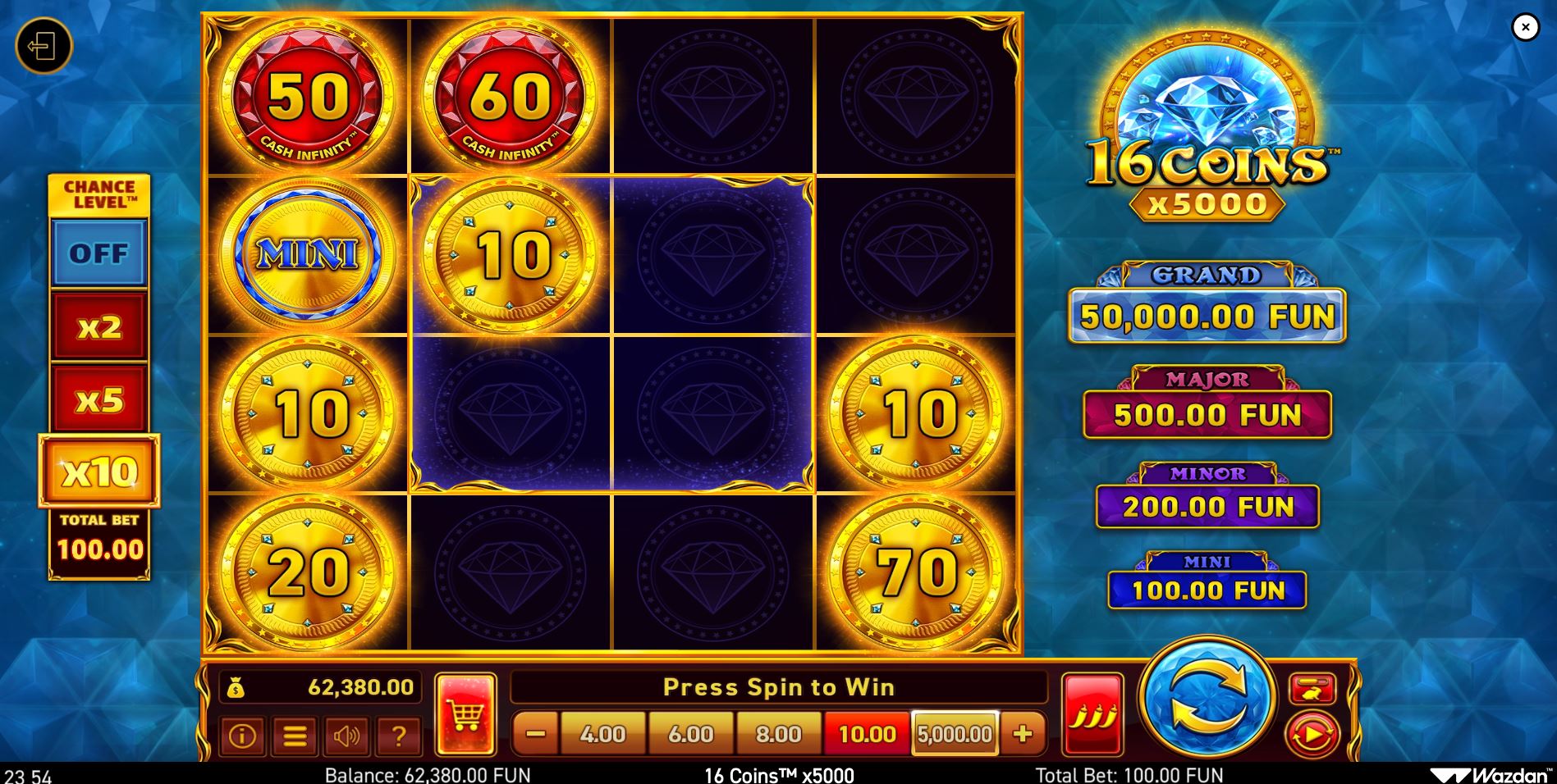 The 16 independent reels of the 16 Coins x5000 slot, showing a clear 4x4 grid layout by Wazdan.