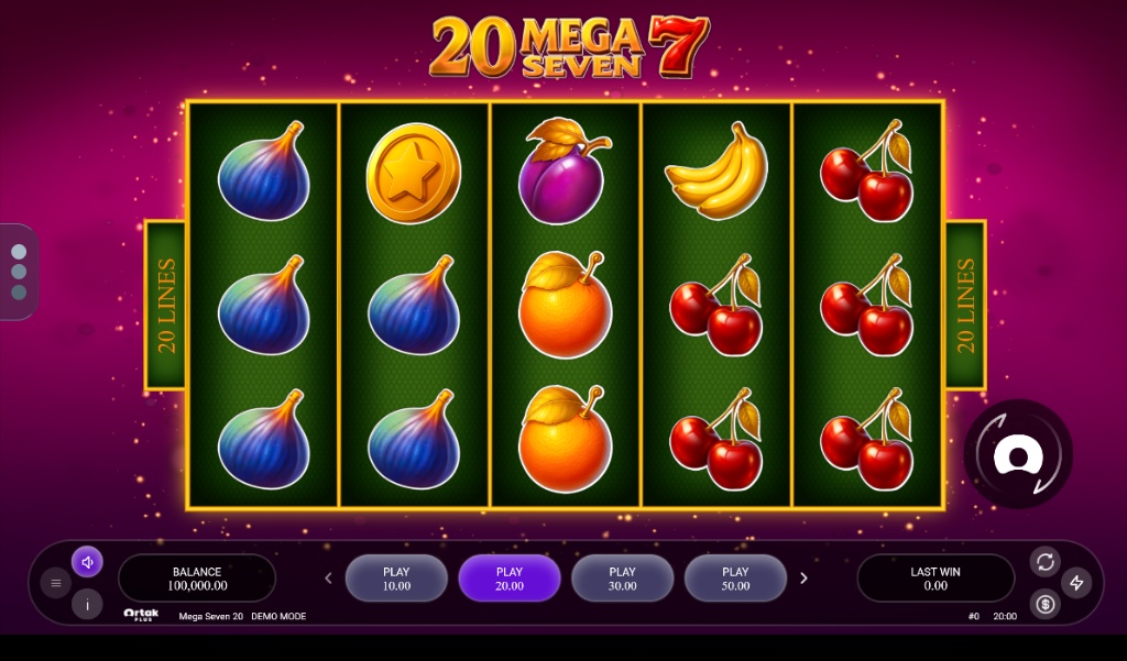 The main 5x3 game board of the 20 Mega Seven slot, showcasing various fruit symbols during a spin.