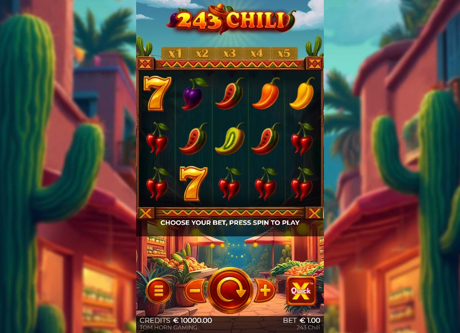 The main 5x3 reel layout of the 243 Chili slot, showcasing the various fruit and chili symbols during base gameplay.