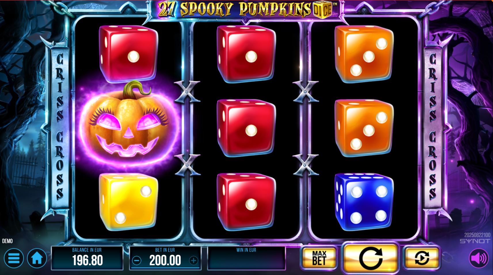 The 3x3 reel layout of the 27 Spooky Pumpkins Dice slot, showing various dice symbols against a spooky cemetery background.