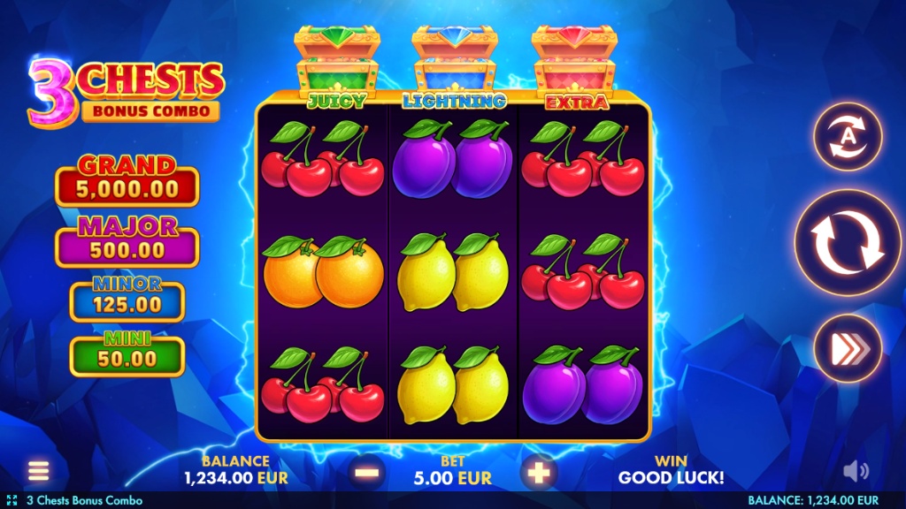3 Chests Bonus Combo basic gameplay screenshot showing a 5x3 reel grid with fruit symbols and the bonus chests above
