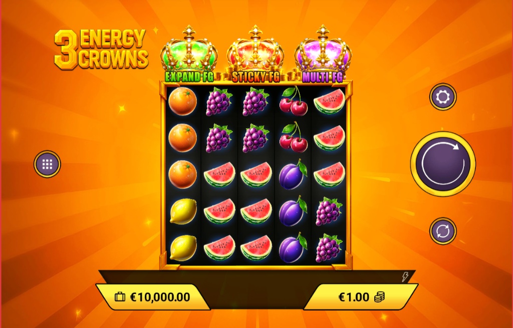 3 Energy Crowns slot gameplay showing the 5x5 reels with fruit symbols and the three colored crowns hovering above.