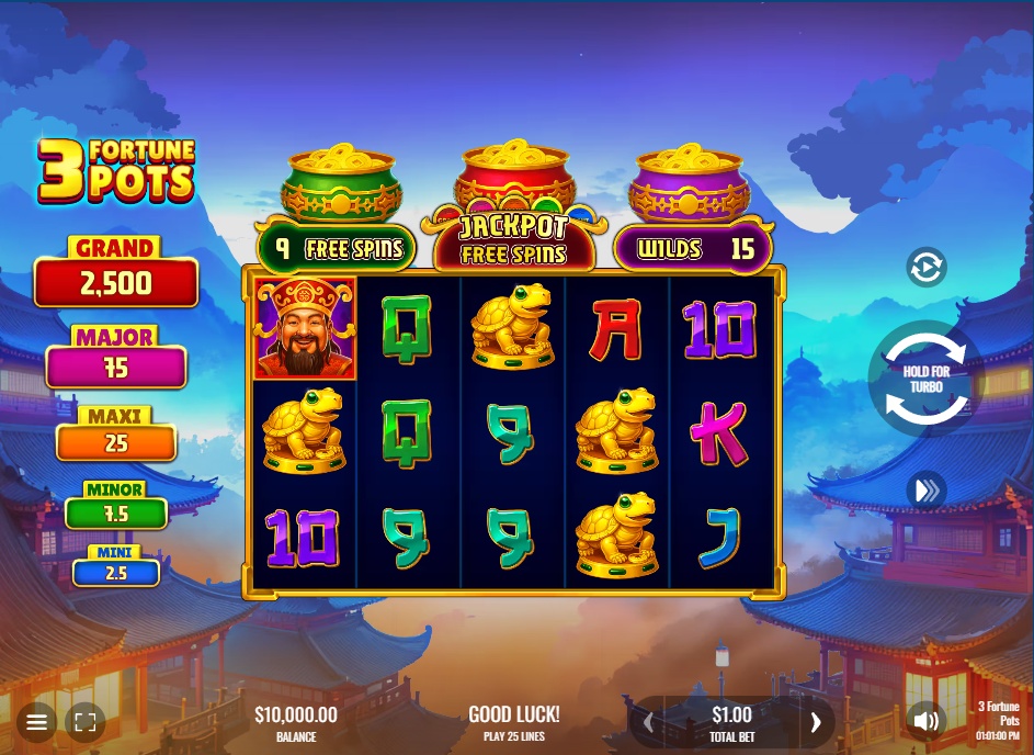 The main game grid of the 3 Fortune Pots slot, showing the five reels, jackpot levels, and the three bonus pots feature.