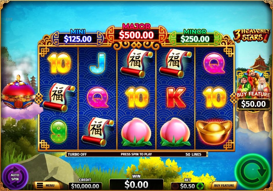 The base game screen of the 3 Heavenly Stars slot, showing the 5x4 reel layout and Asian-themed symbols.