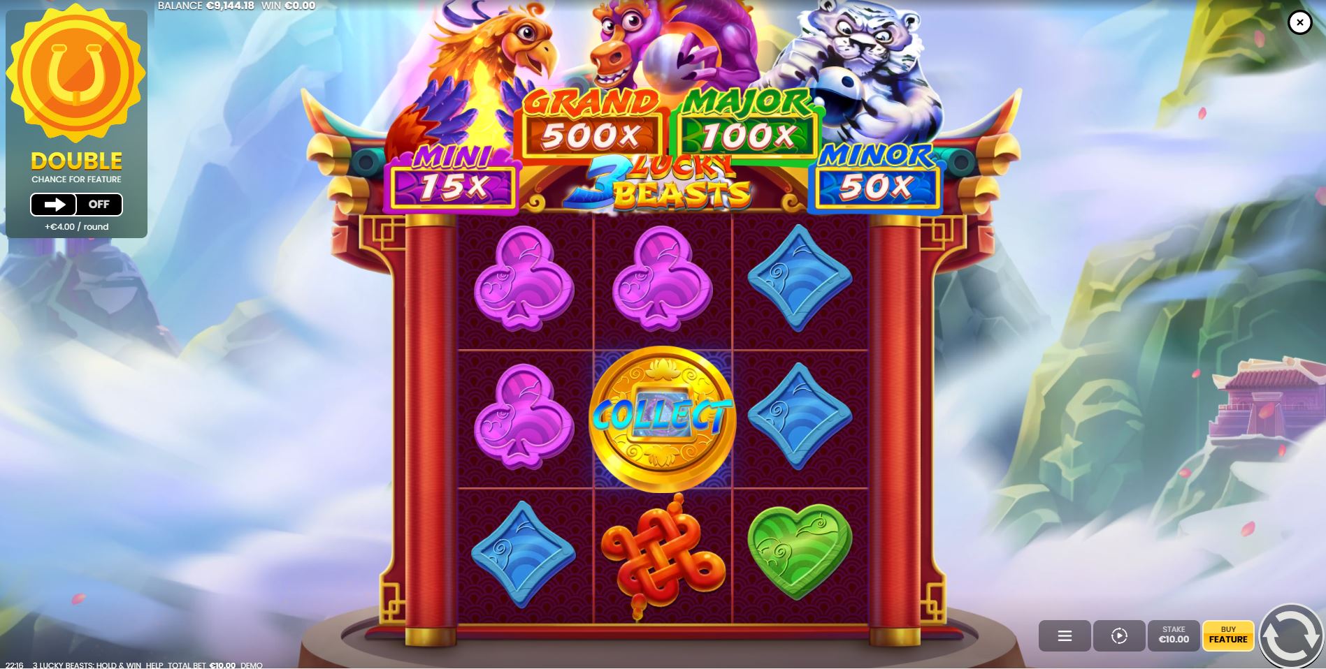 The 3x3 reel layout of the 3 Lucky Beasts slot, showing the main game interface and Asian-themed symbols.