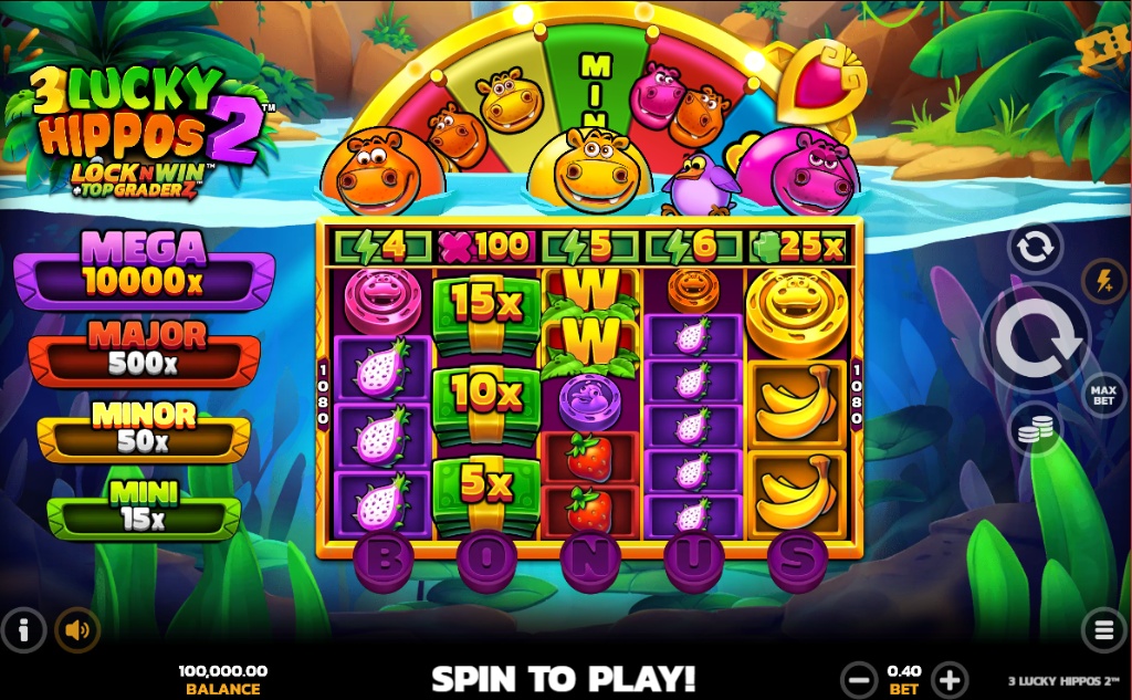The main game screen of the 3 Lucky Hippos 2 slot, displaying the reel layout and vibrant hippo theme.