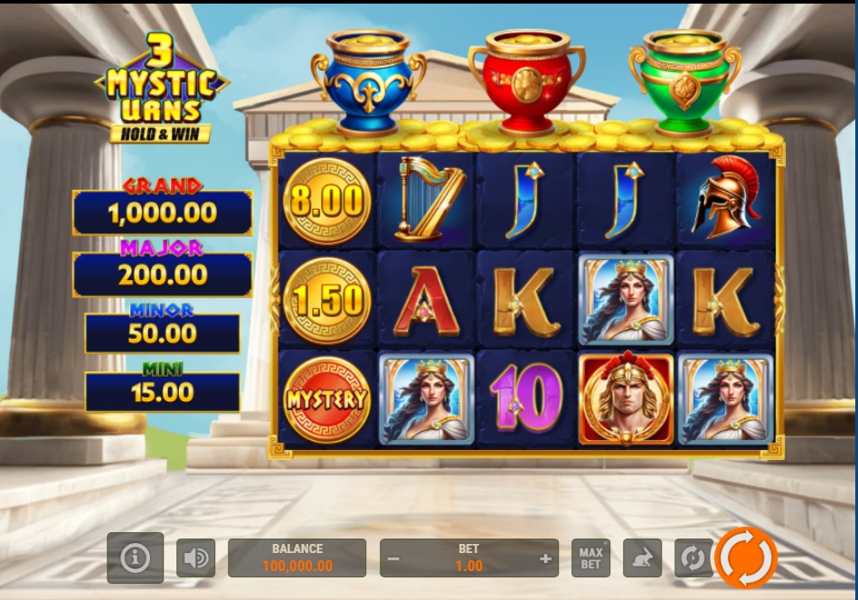 The base game grid of the 3 Mystic Urns Hold & Win slot, showing the main symbols and jackpot values.