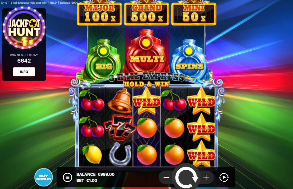 Base game screen of the 3 Rail Express Hold & Win slot showing the 5x4 reel layout.