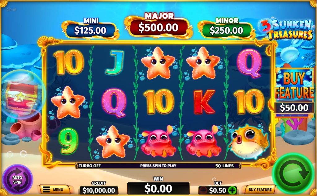 3 Sunken Treasures slot demo gameplay with a 5x3 reel layout, showing aquatic symbols and the top jackpot prizes.