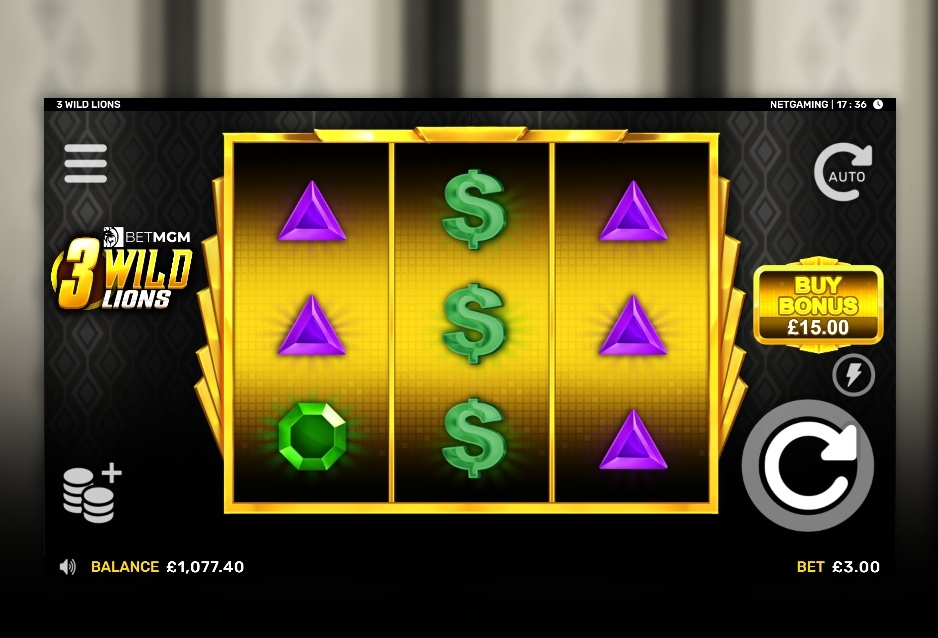 The main 3x3 game grid of the 3 Wild Lions slot, showing the reels, symbols, and bet controls.