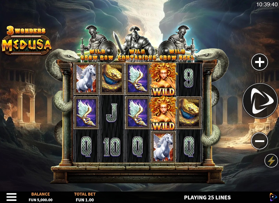 The 5x3 reel grid of the 3 Wonders Medusa slot, showing mythological symbols during base game play.