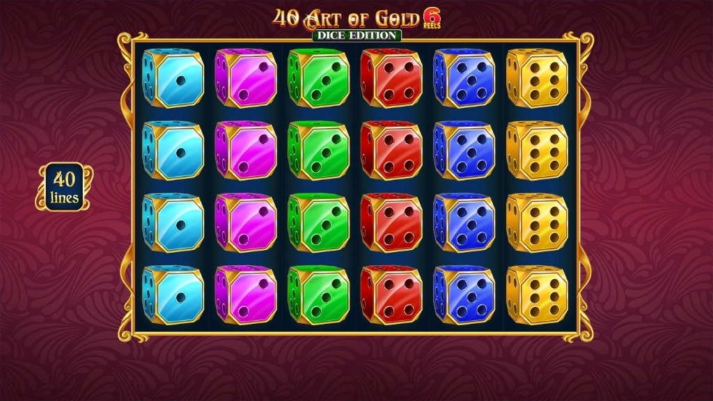 The 6x4 reel layout of the 40 Art of Gold slot demo, showing various colorful dice symbols.