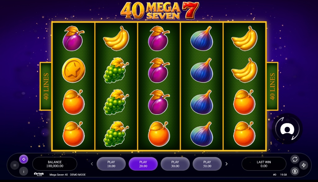 The main 5x4 gameplay grid of the 40 Mega Seven slot, showing various classic fruit symbols during a spin.