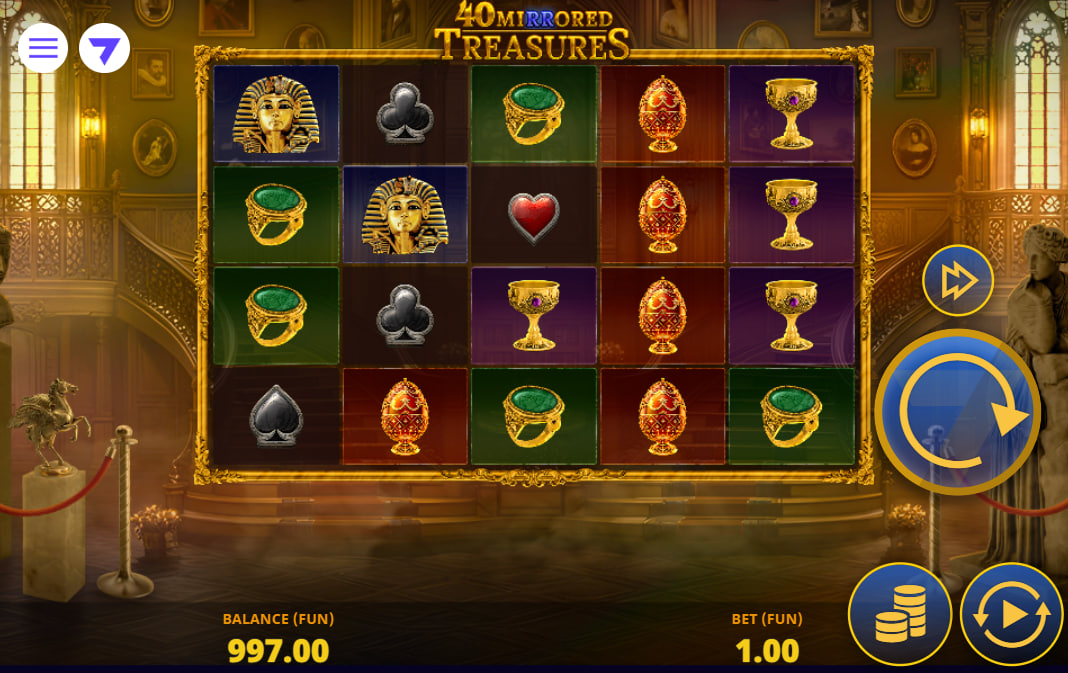 The game board of the 40 Mirrored Treasures slot, displaying its 5x4 reel layout with various treasure symbols like pharaoh masks and golden chalices.