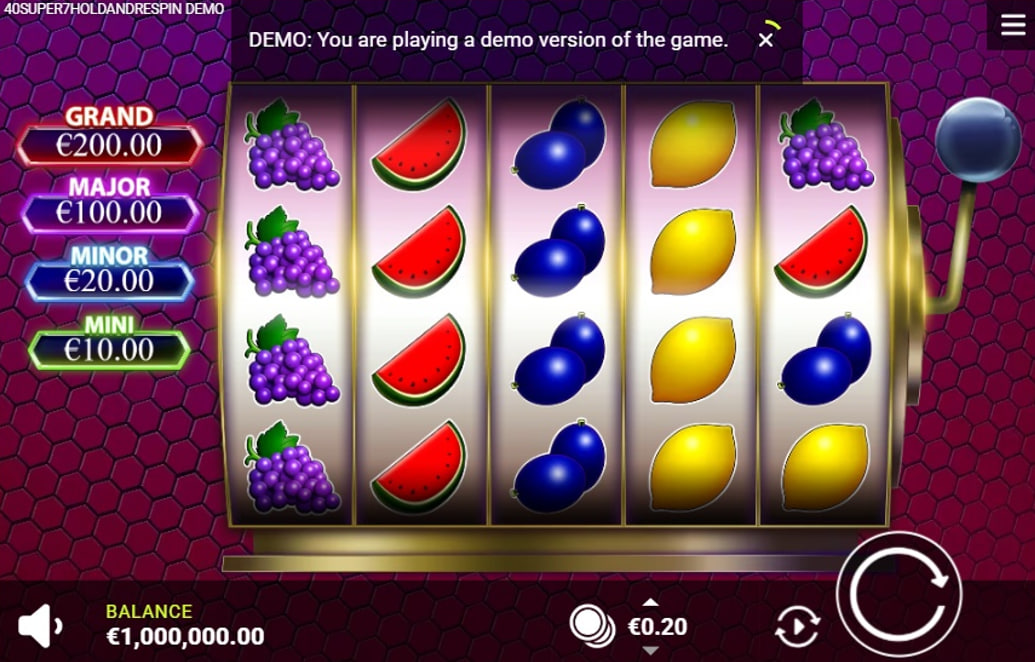 A screenshot of the 40 Super 7 Hold & Respin slot, featuring its 5x4 grid filled with classic fruit symbols and a display of the four fixed jackpots on the left.