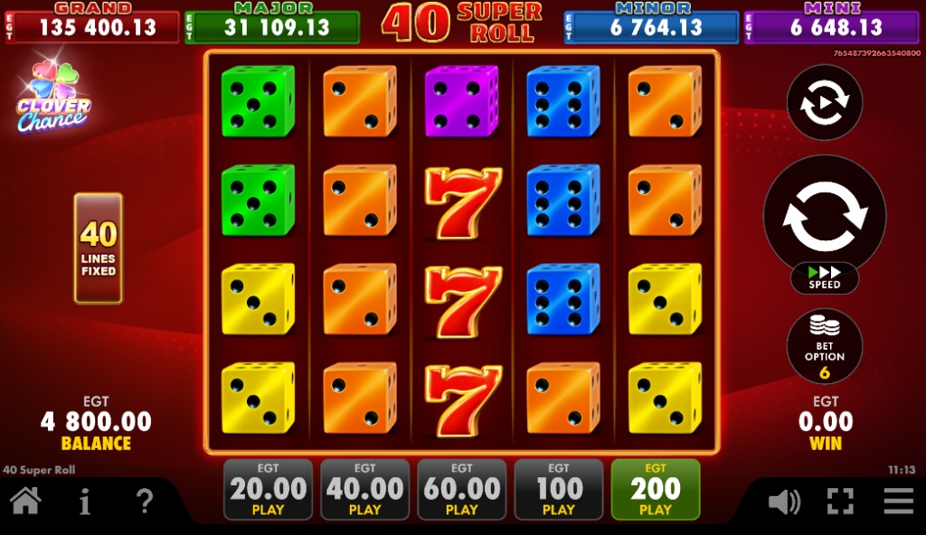 The 5x4 game grid of the 40 Super Roll slot, featuring colorful dice symbols, a full reel of red sevens, and the four-level Clover Chance jackpot.