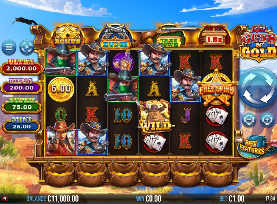 The main game screen of the 4TP Guns N' Gold slot, displaying the 6x4 reel layout and the four Feature Pots.