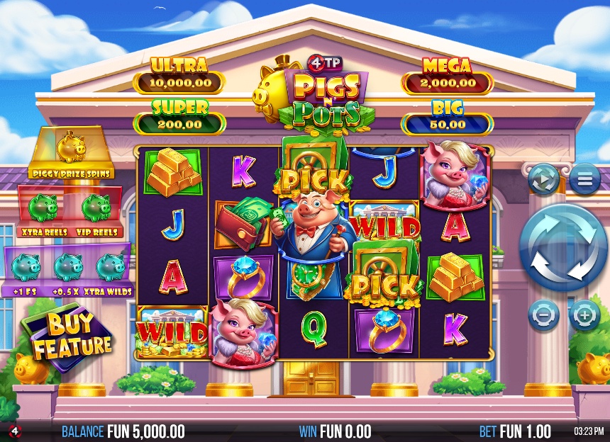 The main game screen of the 4TP Pigs N' Pots slot, showing the 5x4 reel layout and jackpot prizes.