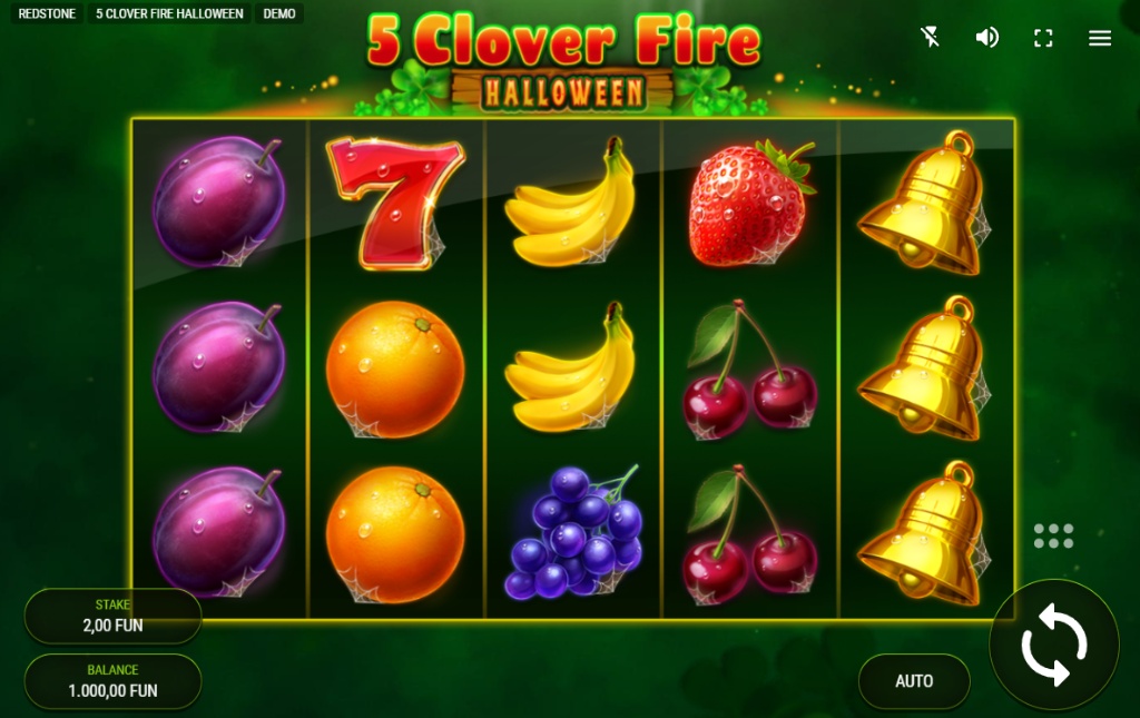 A screenshot of the 5 Clover Fire Halloween slot game grid, showing a 5x3 layout with fruit, bell, and lucky 7 symbols.