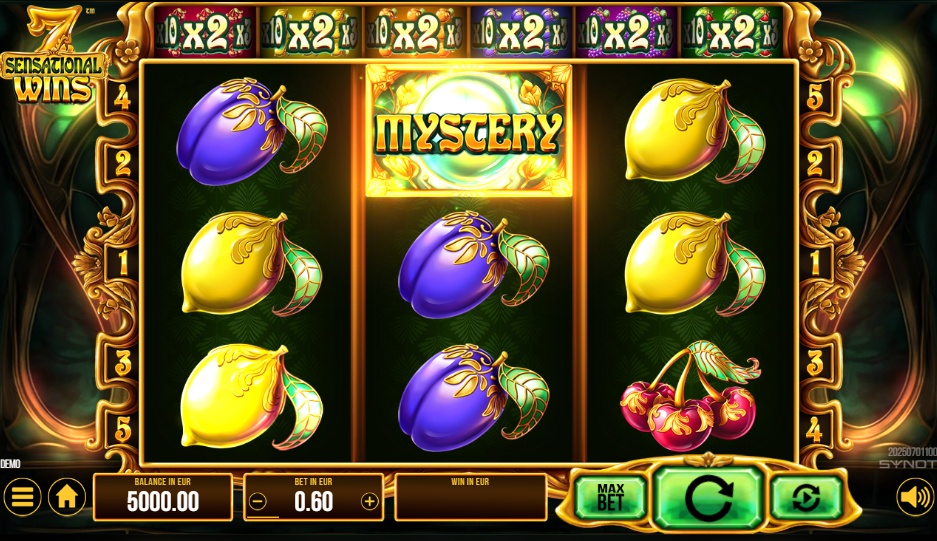The base game grid of the 7 Sensational Wins slot, featuring a 3x3 layout with fruit and Mystery symbols.