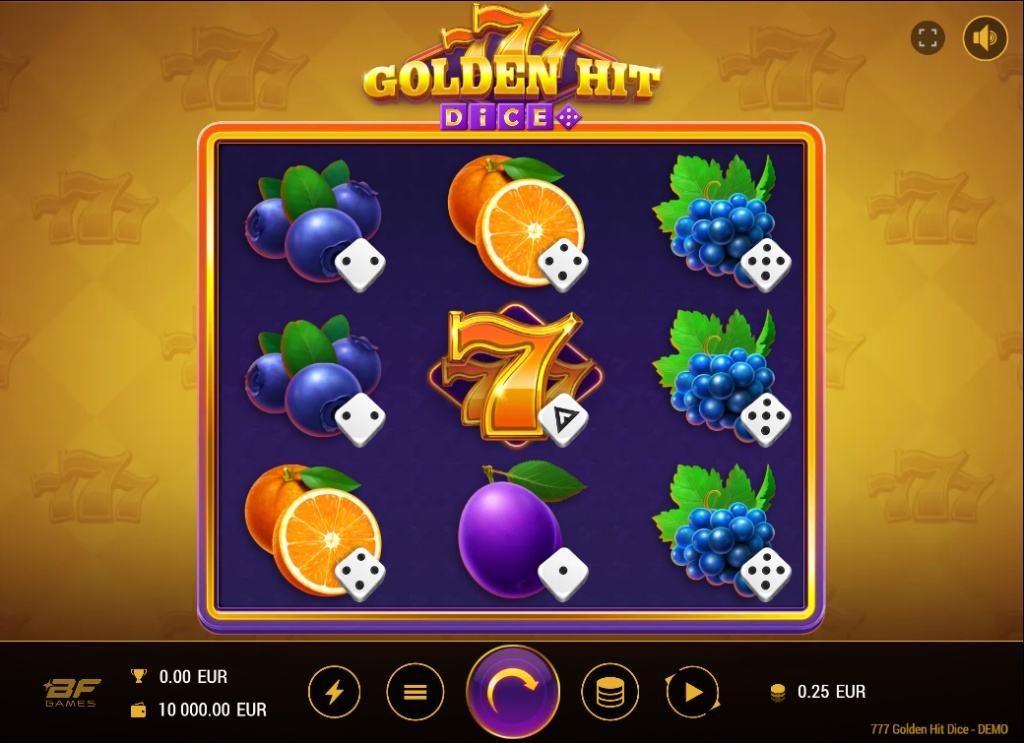 The base game grid of the 777 Golden Hit Dice slot, showing fruit symbols and a Wild Seven on the 3x3 reels.