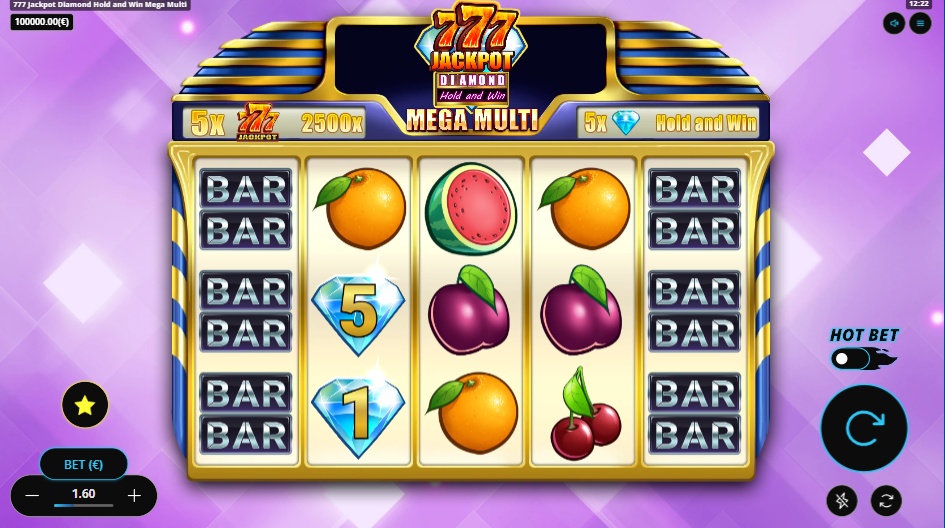 Base game screen of 777 Jackpot Diamond Hold and Win Mega Multi slot, showing the classic fruit and BAR symbols on the 5x3 grid.