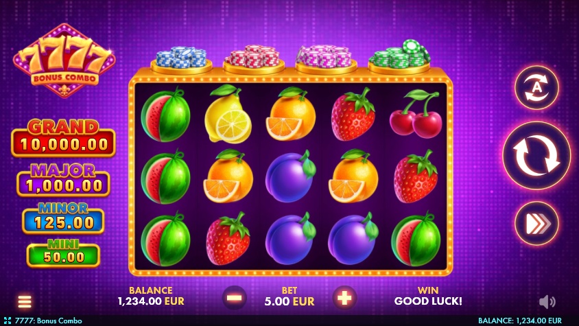 The main 5x3 reel grid of the 7777: Bonus Combo slot, showing various fruit symbols and the four jackpot levels on the side.