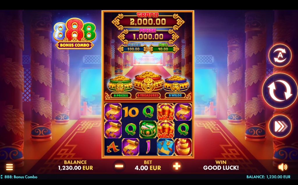 Main game interface of the 888: Bonus Combo slot, showing the 5x3 reel grid and the unique bonus feature area with jackpots displayed above.