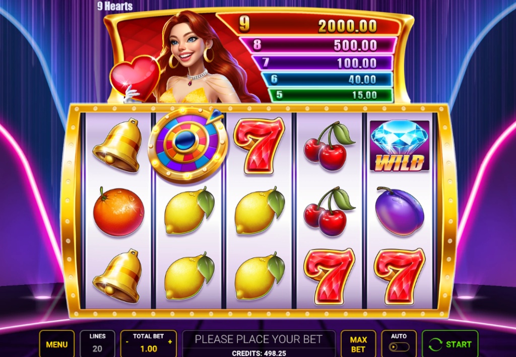 The base game grid of the 9 Hearts slot, showcasing the classic fruit and 7 symbols alongside the Diamond Wild and Heart Scatter pay ladder.