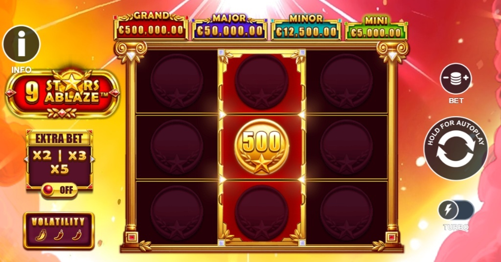 9 Stars Ablaze slot screenshot showing the Hold & Respin bonus feature with multipliers on the middle reel and jackpot values displayed.