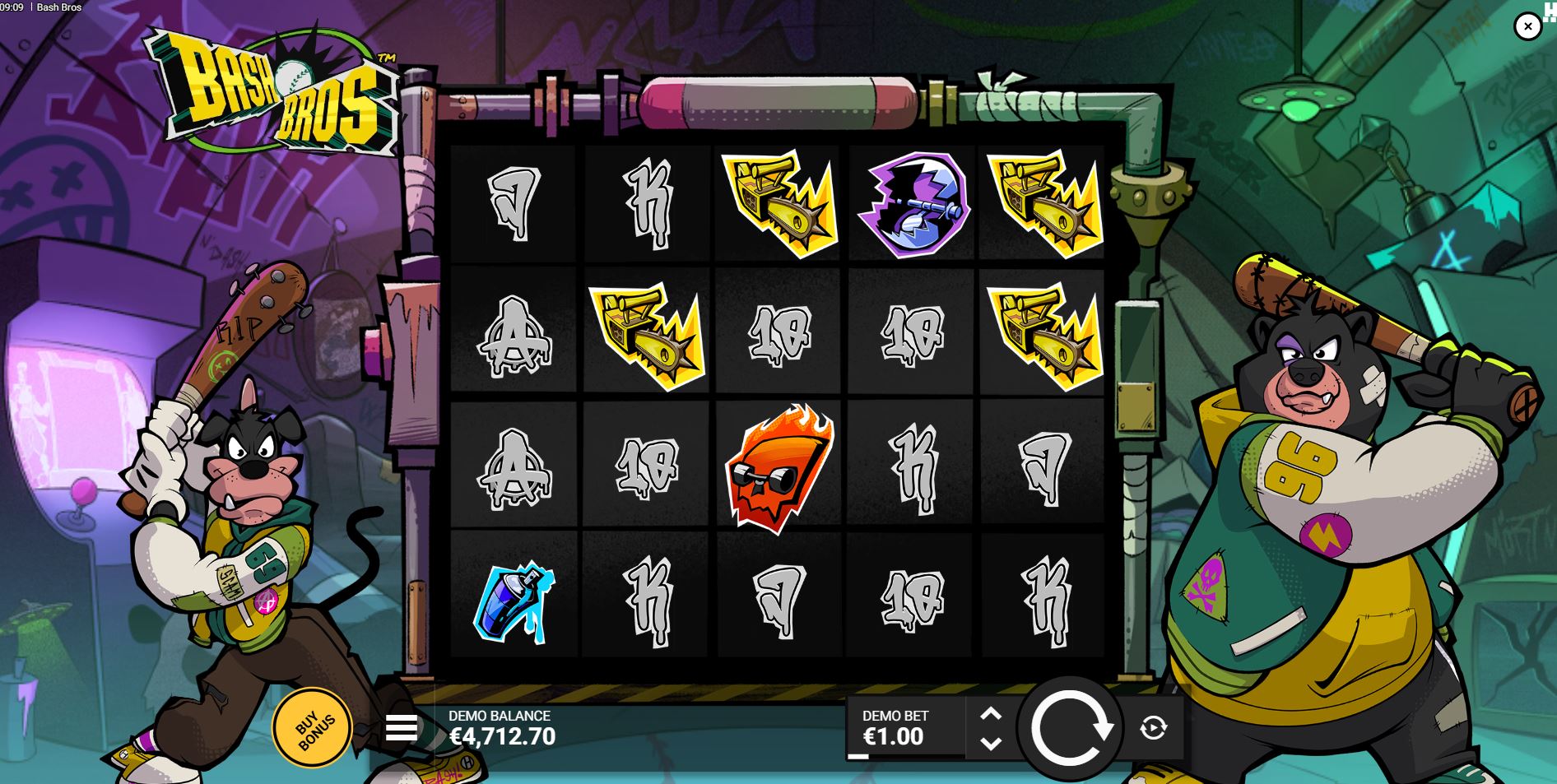 The base game grid of the Bash Bros slot, showing the 5x4 layout and cartoon characters.