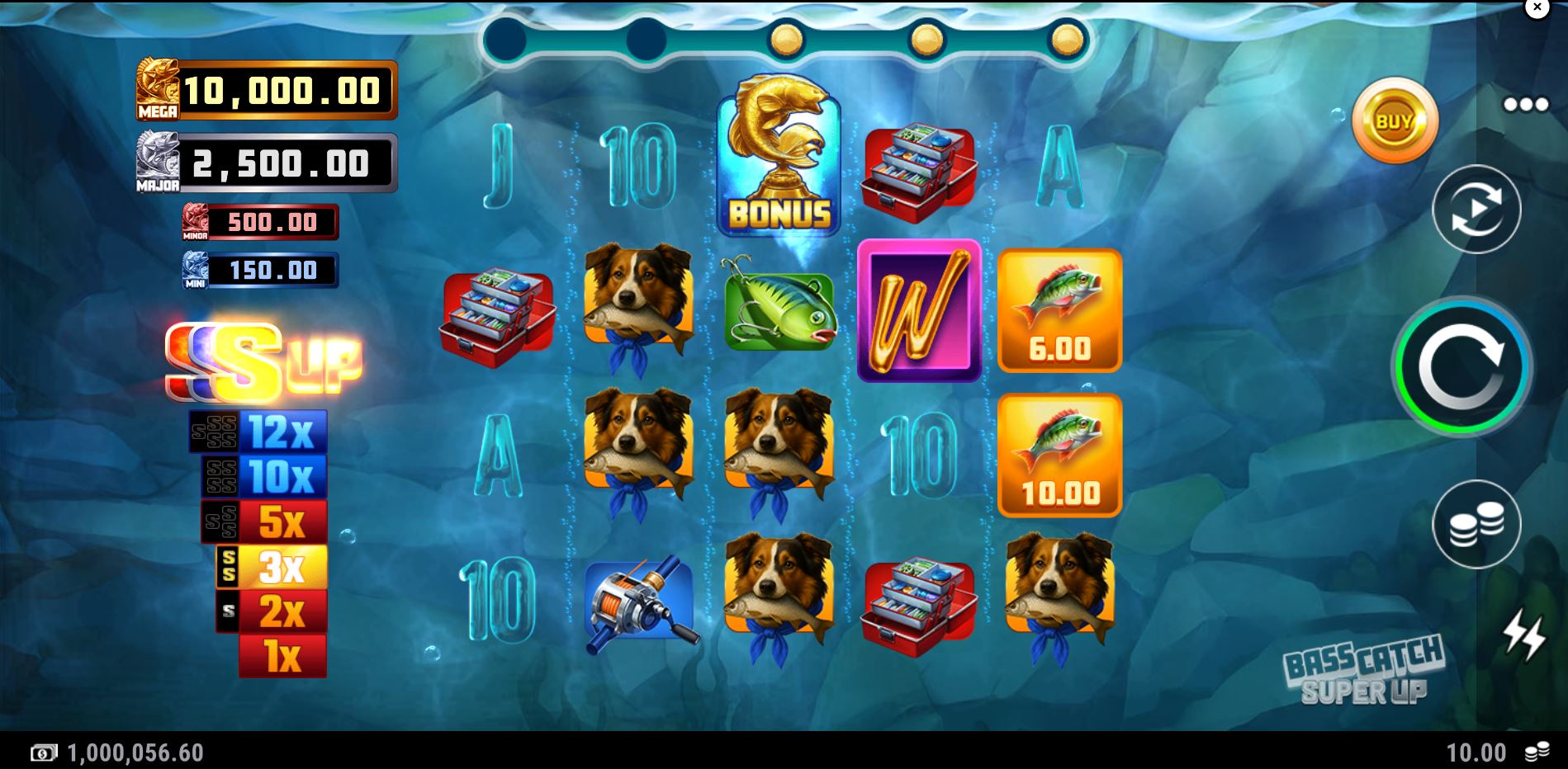 Bass Catch Super Up slot base game with 1024 ways to win.
