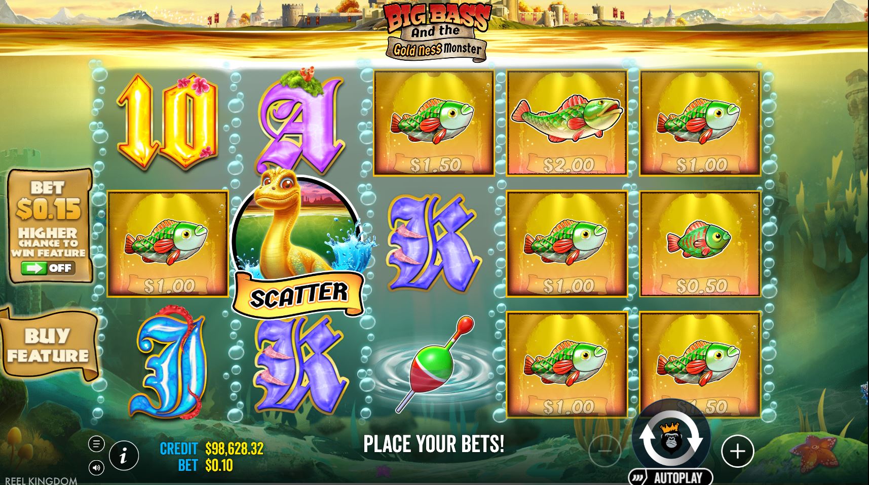 The main 5x3 game grid of Big Bass and the Gold Ness Monster slot, showing medieval-style symbols and the underwater setting.