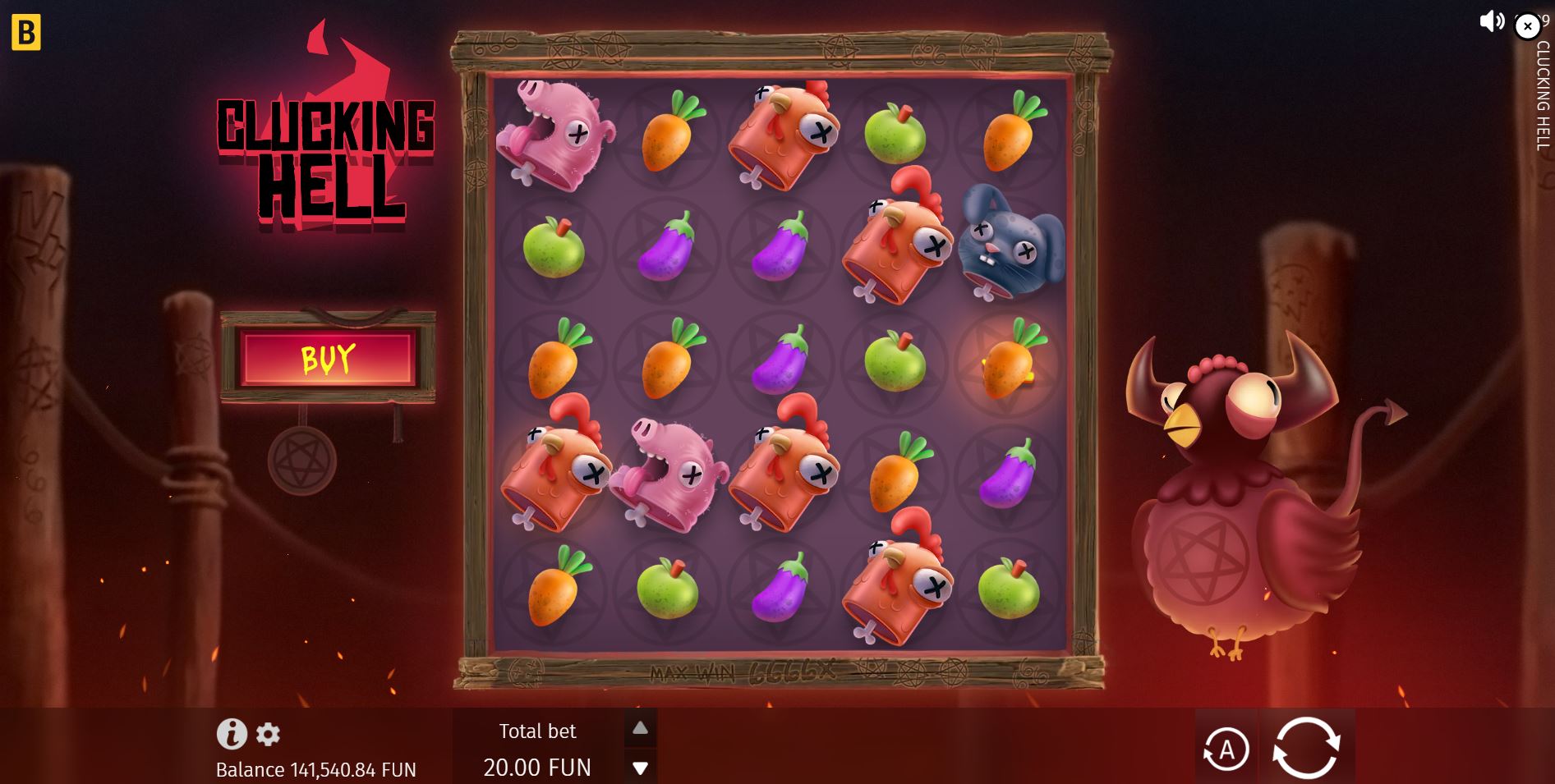 The base game grid of the Clucking Hell slot, showing the 5x5 layout with zombie animal symbols and the possessed hen mascot.