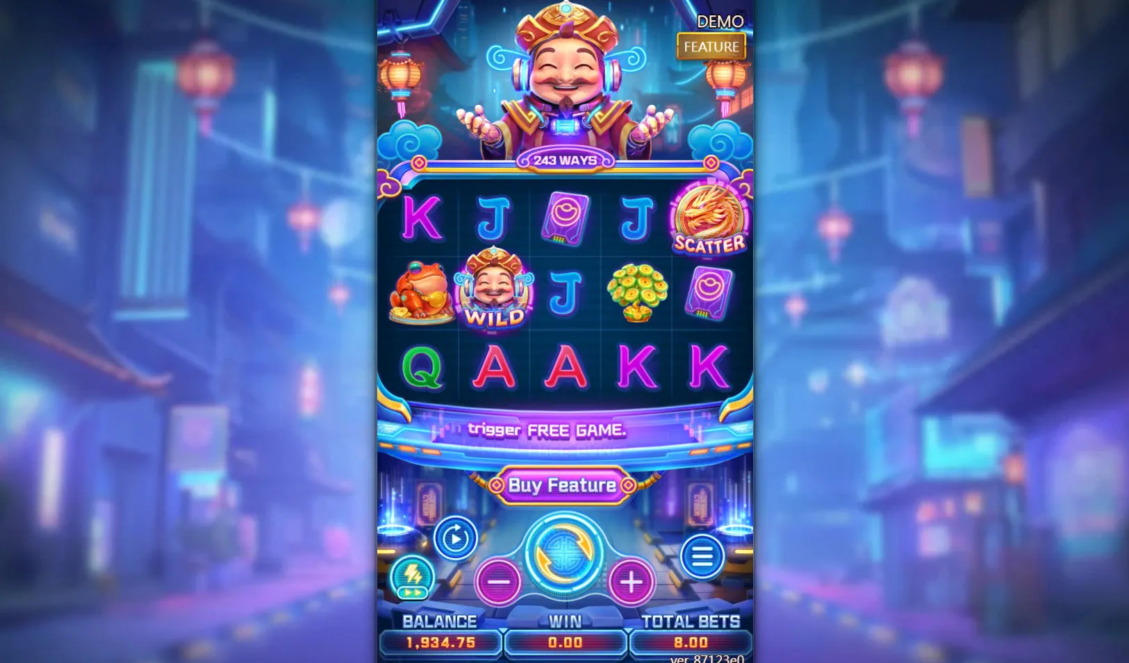 The main game screen of Cyber God of Fortune, showing the 5x3 reel layout and the cyberpunk Caishen character, illustrating the game's unique theme.