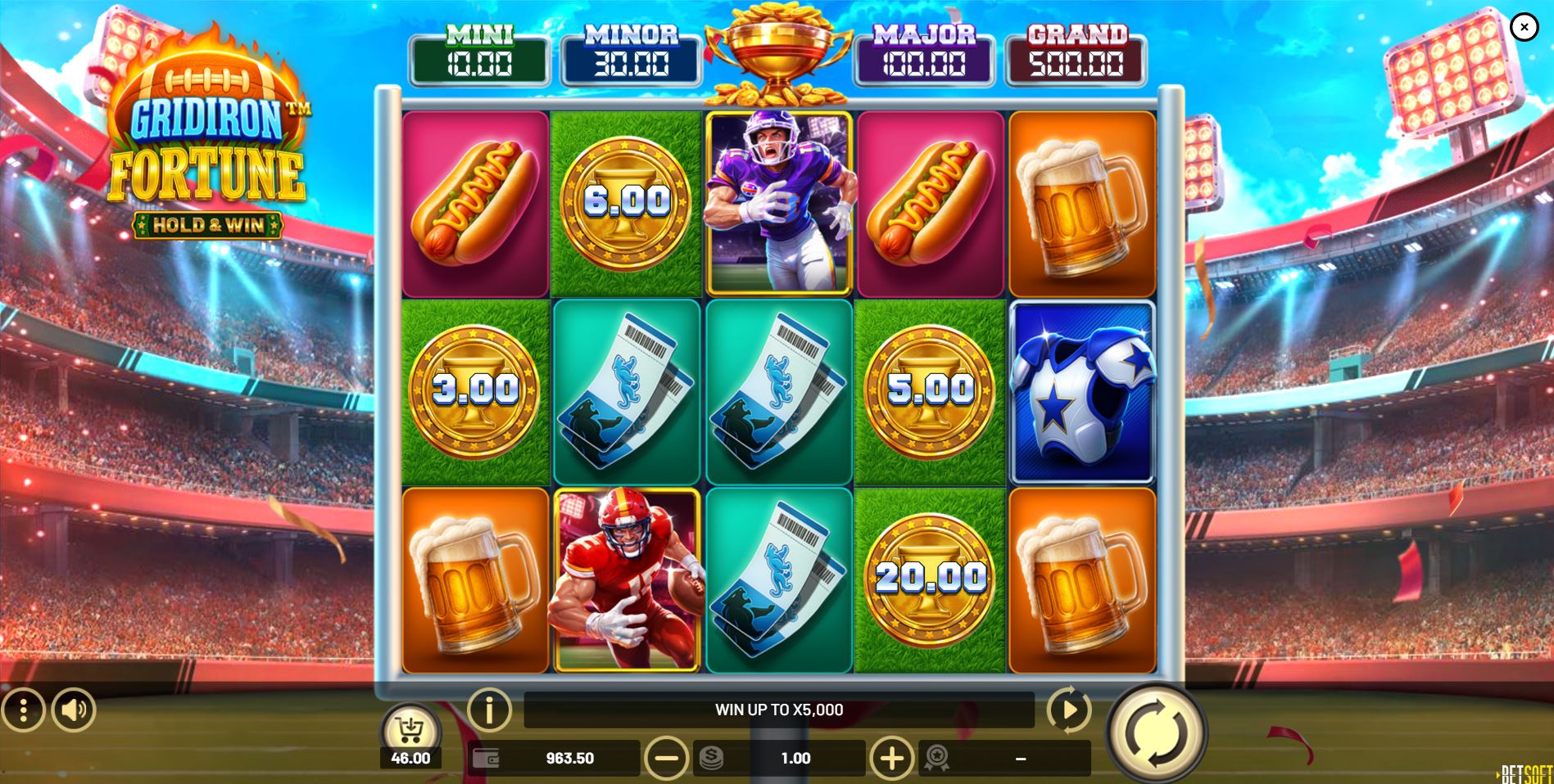 The main 5x3 game grid of Gridiron Fortune slot, set against a packed football stadium background.