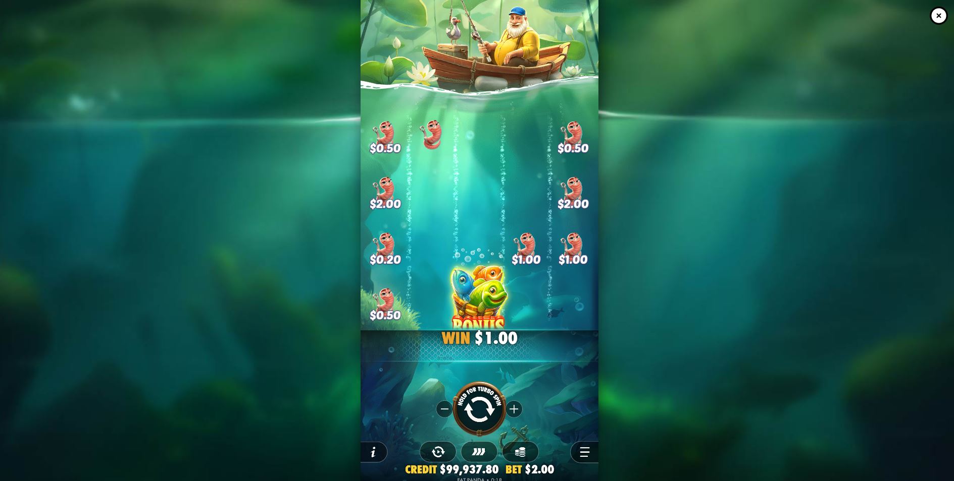 The base game grid of the Happy Nets slot, showing the fisherman character, 5x4 layout, and underwater theme with money symbols.